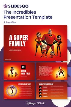 the incredible spiderman family powerpoint presentation template is shown in red and purple colors