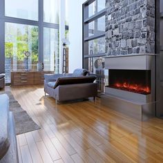 a modern living room with wood floors and stone fireplace