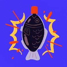 an illustration of a fish in a bottle on a blue background