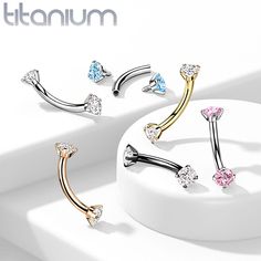 Implant Grade Titanium Curved Barbells With Internally Threaded Prong Set CZ Ends Bar Size: 16 Gauge (1.2 mm) Bar Length: 5/16" (8 mm) & 3/8" & 1/2" Ball Size: 3 mm Material: 316L Surgical Steel Stone Material: CZ Sold by: 1 Piece Snake Eyes Piercing Jewelry, Snake Eyes Piercing, Eyebrow Rings, Eye Piercing, Eyebrow Ring, Rose Gold Crystal, Enamel Bracelet, Cartilage Piercing, Tragus