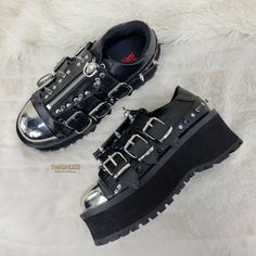 Grave Digger 03 Black Chrome Toe Plate Spiked Shoe Men 4-13 Goth Punk NY - Totally Wicked Footwear Men Platform Shoes, Goth Shoes Men, Boots Inspiration, Gothic Closet, Emo Shoes, Alt Shoes, Goth Shoes, Grave Digger, Gothic Boots