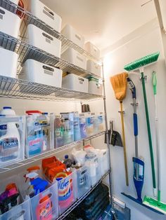 the shelves are filled with cleaning supplies and other household care products, including brooms