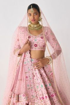 Orchid pink attached cancan lehenga with zardozi, thread embroidery in floral pattern. Paired with embroidered padded blouse and belt. Comes with scallop border embroidered dupatta and lace border embellished dupatta. - Aza Fashions Pink Wedding And Navratri Sets, Pink Wedding Sets For Navratri, Pink Cutdana Dupatta For Reception, Pink Sharara For Wedding And Navratri, Pink Cutdana Sharara For Wedding, Semi-stitched Pink Sets For Wedding, Wedding Semi-stitched Pink Sets, Pink Traditional Wear With Cutdana For Reception, Pink Wedding Sets With Cutdana Detailing