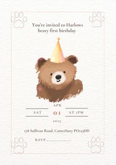 a birthday card with a bear wearing a party hat