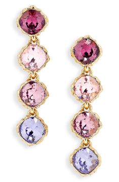 Luxe, faceted crystals sparkle in round, hammered settings as they cascade down these colorful drop earrings. Post back Glass/goldtone plate Made in the USA Elegant Dressing, Crystal Drop Earrings, Crystal Drop, Faceted Crystal, Bird Feathers, Beautiful Jewelry, Gold Tones, Amethyst, Sparkle