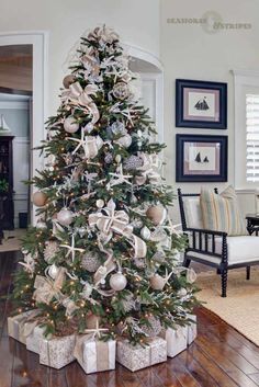 a decorated christmas tree in a living room