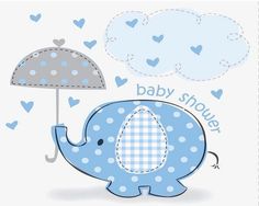 a baby shower card with an elephant holding an umbrella