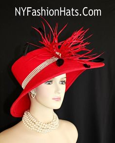 "Women's Designer Haute Couture Red Winter Wool Wide Abstract Brimmed Fashion Hat Trimmed With Expensive Red Goose Biot Feathers, Enhanced With Black Burnt Coque Rooster Feathers. Glamorous Clear Acrylic Rhinestones Wrap Around The Crown Of This Stylish Motf Premium Ladies Church Hat. This Formal Winter Wool Dress Hat Is Suited For Winter And Fall Weddings, Church, Formals, Holidays, Horse Races And Special Occasions. This High Fashion Hat Or Headpiece Is Custom Made And Designed By NY Fashion H Winter Wool Dress, Church Wedding Dress, Church Lady Hats, Statement Hat, Wool Fashion, Royal Ascot Hats, Couture Hats, Ascot Hats, Luxury Winter