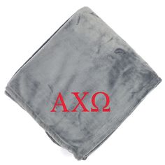 Alpha Chi Omega Plush Throw Blanket - Grey/Red - Go Greek Chic Zeta Tau Alpha Crown, Grey Blanket, Sorority Sugar, White Throw Blanket, Big Little Gifts, Alpha Gamma Delta, Plush Throw Blanket, Pi Beta Phi, Alpha Chi Omega