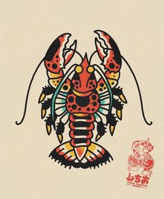 a drawing of a lobster with red and yellow colors on it's body, sitting in front of a white background