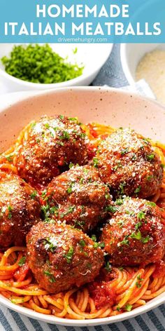 spaghetti with meatballs and sauce in a bowl