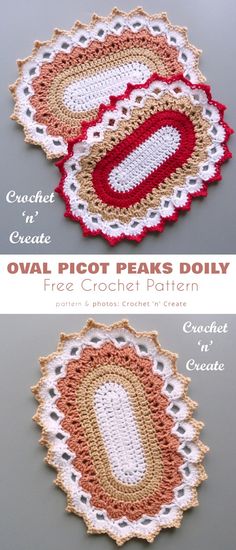 two crocheted doily designs with the words oval picot peaks doily