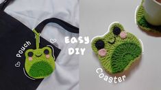 crocheted frog purse and coffee cup holder with easy - to - sew applique