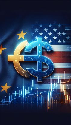 the us flag and euro currency symbols are depicted in front of an american stock chart