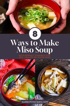 a collage of pictures of different kinds of Japanese miso soup Homemade Miso Soup, Homemade Miso, Japanese Miso Soup, Wakame Seaweed, Japanese Diet, Japanese Soup, Easy Japanese Recipes, Quick And Easy Soup