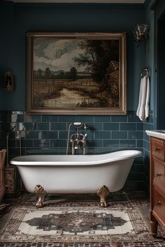 a bathtub in a bathroom with blue walls