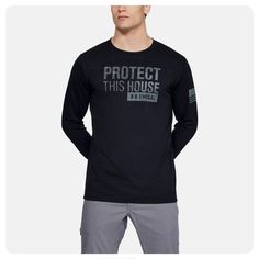 Nwt Mens Under Armour Freedom Protect This House Long Sleeve Tee Size Xl Black Long Sleeve T-shirt For Outdoor, Under Armour Black Outdoor Tops, Under Armour Black Tops With Letter Print, Under Armour Gray Crew Neck Top, Black Under Armour Tops With Letter Print, Black Under Armour Top With Letter Print, Sperrys Men, Khaki Pants Men, Blue Long Sleeve Shirt