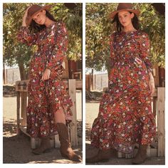 V-Neck Flower Woven Print Tiered Dress -V-Neck -Floral Print Woven -Smocking Detailed Waist Bohemian Floral Maxi Dress For Fall, Bohemian Style Floral Maxi Dress For Fall, Red Floral Print Maxi Dress For Fall, Multicolor Bohemian Floral Dress For Fall, Multicolor Maxi Dress For Fall Garden Party, Red Bohemian Floral Dress For Spring, Bohemian Red Floral Dress For Spring, Fall Beach Floral Print Dress, Fall Garden Party Floral Maxi Dress