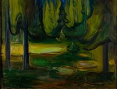 an oil painting of trees and water in a forest with yellow lights on the ground