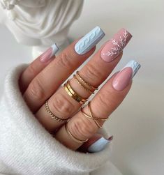 Xmas Nails Acrylic Blue, Cute Short Square Nails Winter, Blue Winter Sweater Nails, Pretty Winter Nails Classy Blue, Baby Blue Winter Aesthetic, Light Blue Christmas Nails Winter, Light Blue Sweater Nails, Blue Sweater Nail Designs, Light Blue Xmas Nails