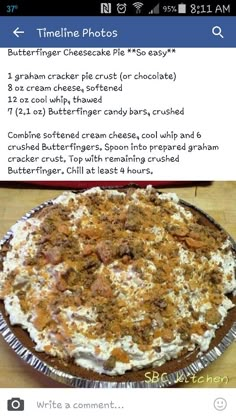 a pie with white frosting and toppings on it