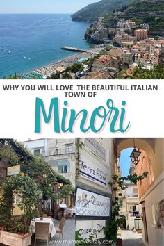 the beautiful town of minori in italy with text overlay