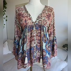 Zara Boho Flowy Bell Sleeve Tassel Blouse. Size Xs. New With Tags. Blue Boho Print V-neck Top, Zara Blue Beach Blouse, Zara Printed Beach Blouse, Zara Blue Blouse For Beach, Zara Bohemian Blouse For Spring, Zara Bohemian Tops For Fall, Paisley Print Tops For Spring And Summer, Long Sleeve Paisley Print Beach Blouse, V-neck Paisley Print Tops For Vacation