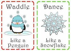 three cards with words that say, waddle, like a penguin, like a snowflake