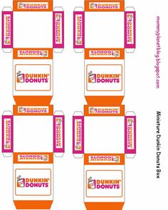 six dunkin'donuts boxes are shown in pink, orange and white colors