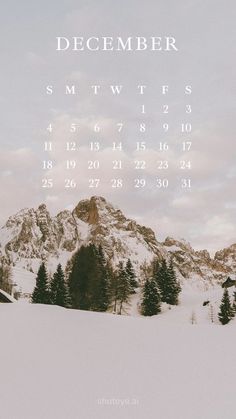 a calendar with mountains in the background and snow on the ground, for december 2013