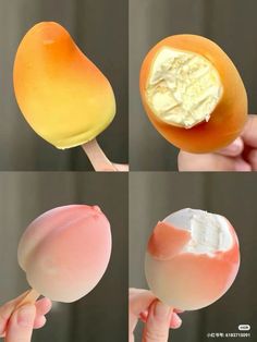 four different pictures of an orange and white lollipop