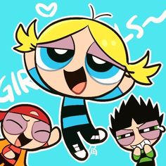 the powerpuff girls wallpaper with cartoon characters in front of blue and white background