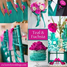 a collage of photos with pink and green flowers on them, including teal and fuchsia