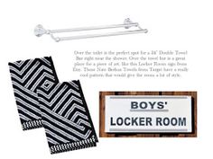 an advertisement for the boys'locker room featuring towels and toilet paper, towel rack and door sign