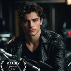 a man sitting on top of a motorcycle wearing a leather jacket and black t - shirt