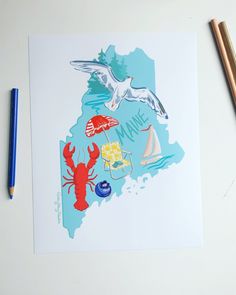 State of Maine artowrk featuring a seagull, sailboat, lobster, blueberry, beach chair and umbrella. Maine Astethic, Taproot Magazine, Maine Illustration, Maine Craft, Summer In Maine, Maine Painting, Maine Map Art, Maine Postcard, State Of Maine