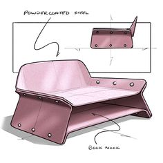 a drawing of a pink couch with its seat folded down and the bottom section open