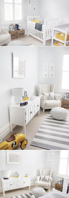 two pictures of a baby's room with white furniture and striped rugs on the floor