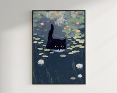 a black cat swimming in the water with lily pads on it's back legs