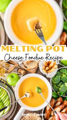 a bowl of melting pot cheese fondue with broccoli and apples in the background