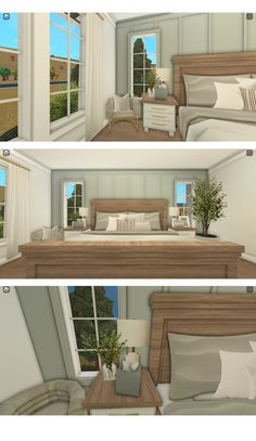 three different views of a bedroom and living room