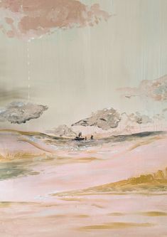 an abstract painting of people on a boat in the ocean with pink and yellow clouds