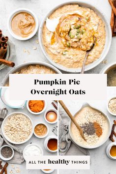 pumpkin pie overnight oats in white bowls with spoons and cinnamon sprinkles