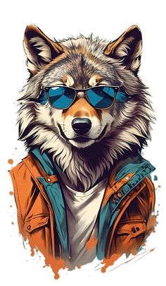 a drawing of a wolf with sunglasses on it's head and wearing an orange jacket