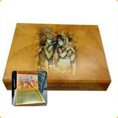 a wooden box with an image of two people on it