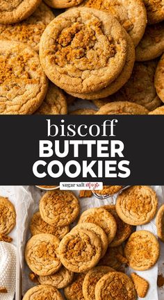 biscoff butter cookies are stacked on top of each other with the words biscoff butter cookies above them