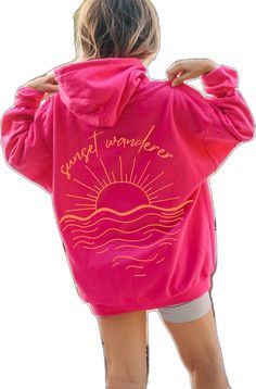 Leisure Hoodie With Kangaroo Pocket, Pink Leisure Hoodie, Spring Leisure Hoodie With Graphic Print, Trendy Summer Beach Sweatshirt, Casual Long Sleeve Hoodie For Vacation, Casual Cotton Hoodie For Vacation, Summer Sporty Crew Neck Hoodie, Trendy Beach Sweatshirt For Summer, Summer Cotton Hoodie For Leisure