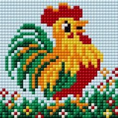 a cross stitch pattern of a chicken in the grass