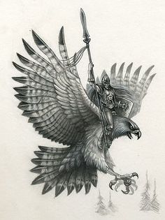 a drawing of an eagle with a spear in it's claws holding a bird