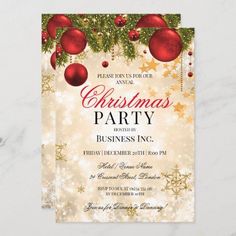 a christmas party flyer with ornaments and baubles on it's front cover